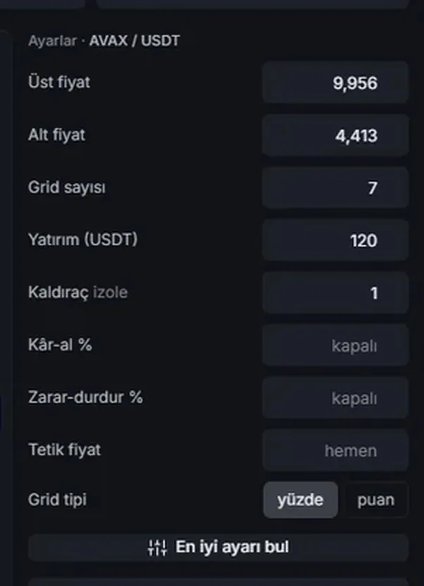 Grid Bot ayarlar paneli